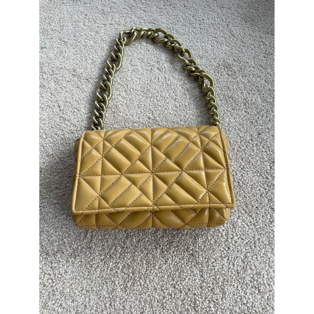 Zara Mustard Yellow Quilted Shoulder Bag Chunky Gold Chain Link Geometric Flap